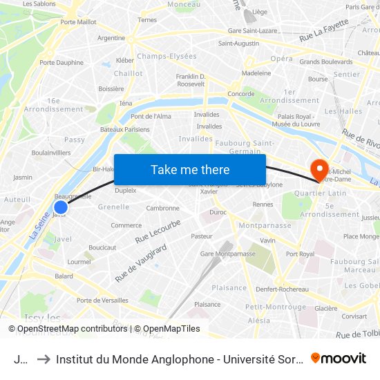 Javel to Institut du Monde Anglophone - Université Sorbonne Nouvelle (Paris 3) map