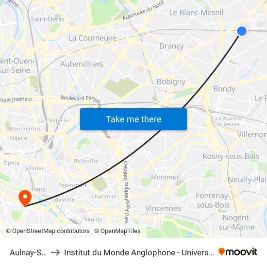 Aulnay-Sous-Bois to Institut du Monde Anglophone - Université Sorbonne Nouvelle (Paris 3) map