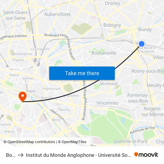 Bondy to Institut du Monde Anglophone - Université Sorbonne Nouvelle (Paris 3) map