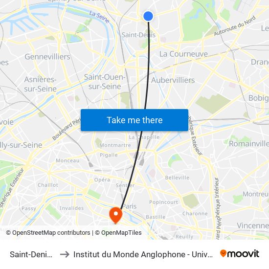 Saint-Denis - Université to Institut du Monde Anglophone - Université Sorbonne Nouvelle (Paris 3) map