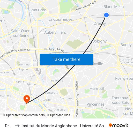 Drancy to Institut du Monde Anglophone - Université Sorbonne Nouvelle (Paris 3) map