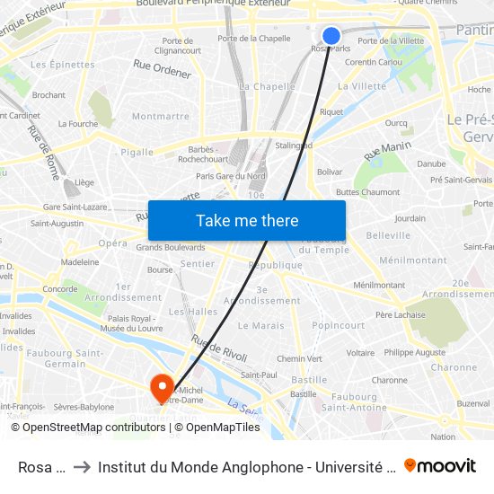 Rosa Parks to Institut du Monde Anglophone - Université Sorbonne Nouvelle (Paris 3) map