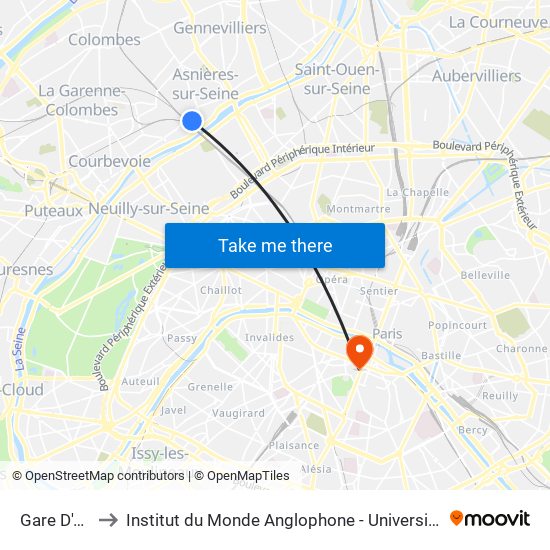 Gare D'Asnieres to Institut du Monde Anglophone - Université Sorbonne Nouvelle (Paris 3) map