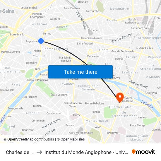 Charles de Gaulle Etoile to Institut du Monde Anglophone - Université Sorbonne Nouvelle (Paris 3) map