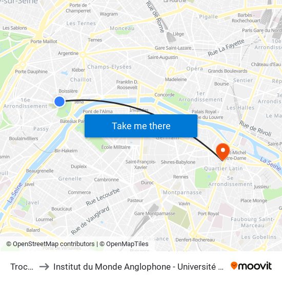 Trocadéro to Institut du Monde Anglophone - Université Sorbonne Nouvelle (Paris 3) map