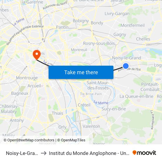 Noisy-Le-Grand - Mont D'Est to Institut du Monde Anglophone - Université Sorbonne Nouvelle (Paris 3) map