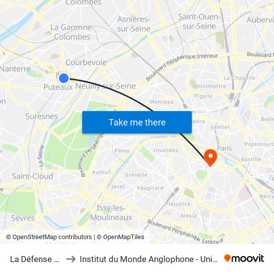 La Défense (Calder - Miro) to Institut du Monde Anglophone - Université Sorbonne Nouvelle (Paris 3) map