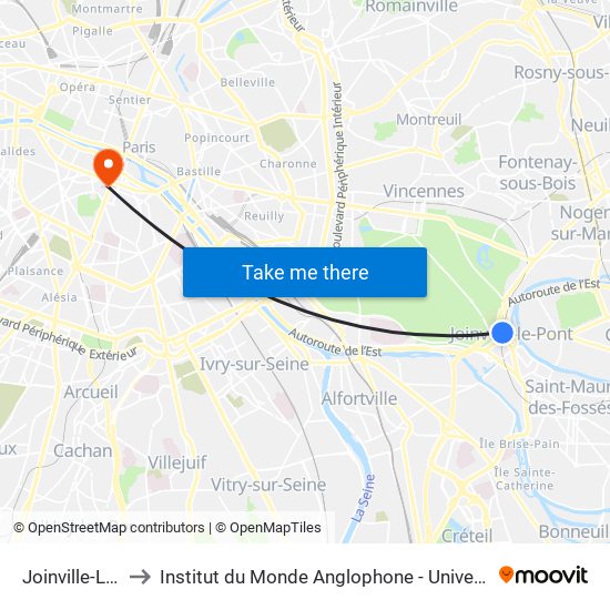 Joinville-Le-Pont RER to Institut du Monde Anglophone - Université Sorbonne Nouvelle (Paris 3) map