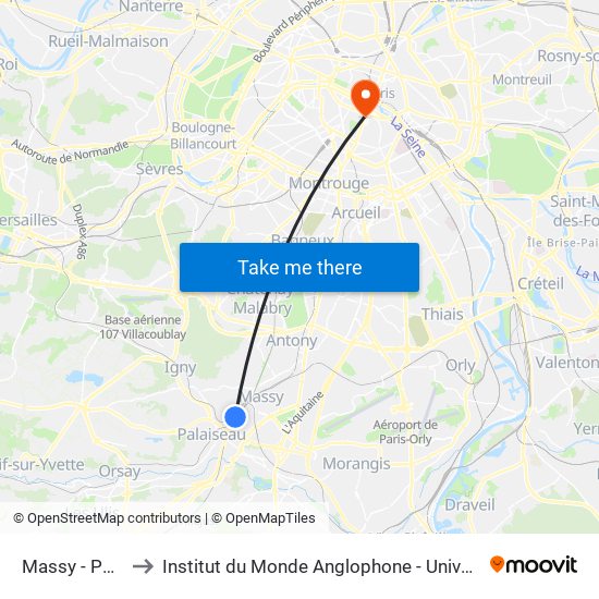 Massy - Palaiseau RER to Institut du Monde Anglophone - Université Sorbonne Nouvelle (Paris 3) map