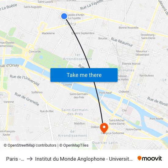 Paris - Opéra to Institut du Monde Anglophone - Université Sorbonne Nouvelle (Paris 3) map
