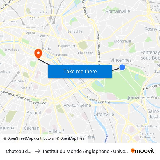 Château de Vincennes to Institut du Monde Anglophone - Université Sorbonne Nouvelle (Paris 3) map