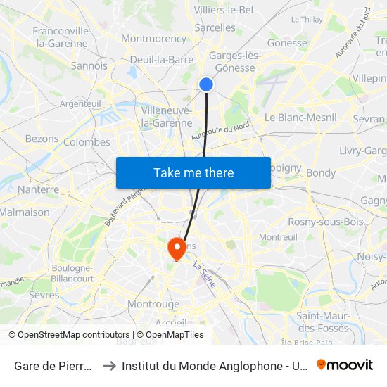 Gare de Pierrefitte - Stains RER to Institut du Monde Anglophone - Université Sorbonne Nouvelle (Paris 3) map
