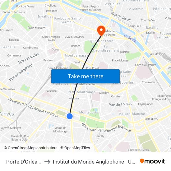 Porte D'Orléans - Ernest Reyer to Institut du Monde Anglophone - Université Sorbonne Nouvelle (Paris 3) map