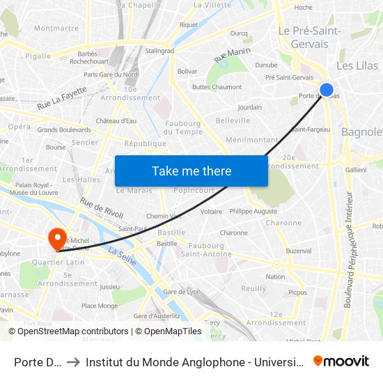 Porte Des Lilas to Institut du Monde Anglophone - Université Sorbonne Nouvelle (Paris 3) map