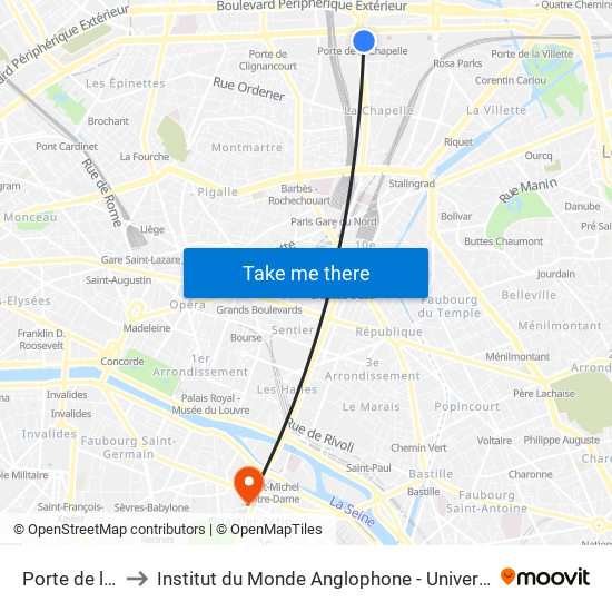 Porte de la Chapelle to Institut du Monde Anglophone - Université Sorbonne Nouvelle (Paris 3) map