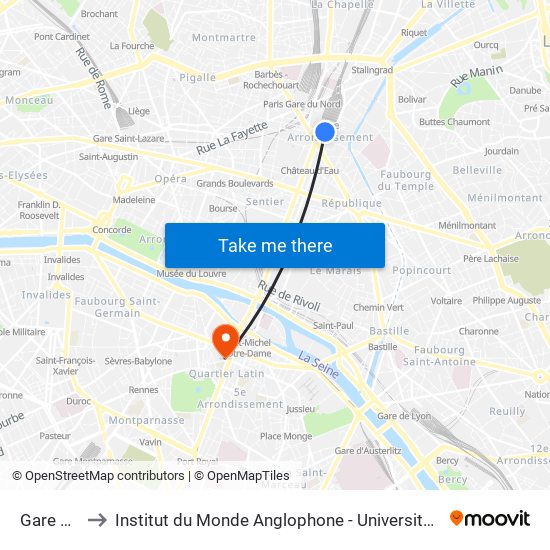Gare de L'Est to Institut du Monde Anglophone - Université Sorbonne Nouvelle (Paris 3) map