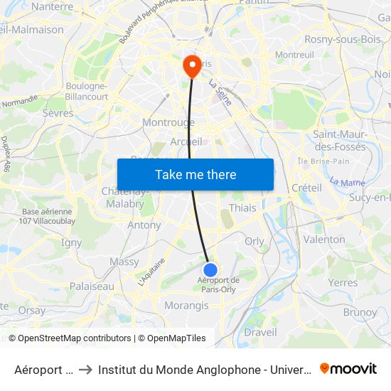 Aéroport Orly 1-2-3 to Institut du Monde Anglophone - Université Sorbonne Nouvelle (Paris 3) map