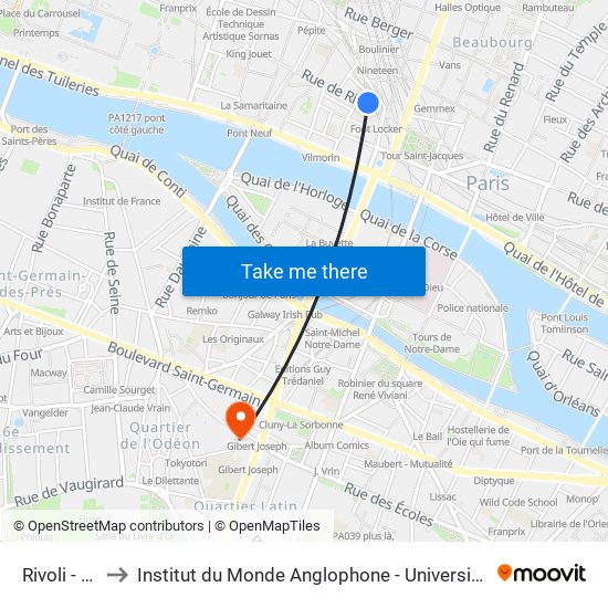 Rivoli - Châtelet to Institut du Monde Anglophone - Université Sorbonne Nouvelle (Paris 3) map