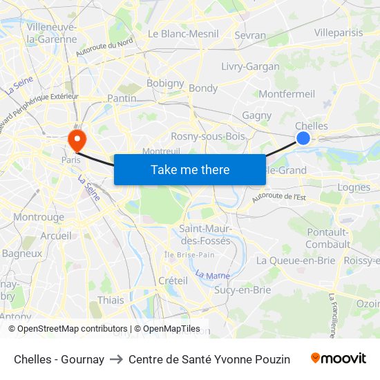 Chelles - Gournay to Centre de Santé Yvonne Pouzin map