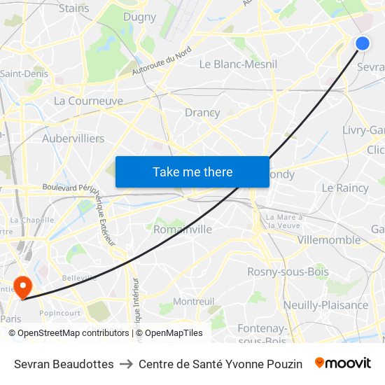 Sevran Beaudottes to Centre de Santé Yvonne Pouzin map