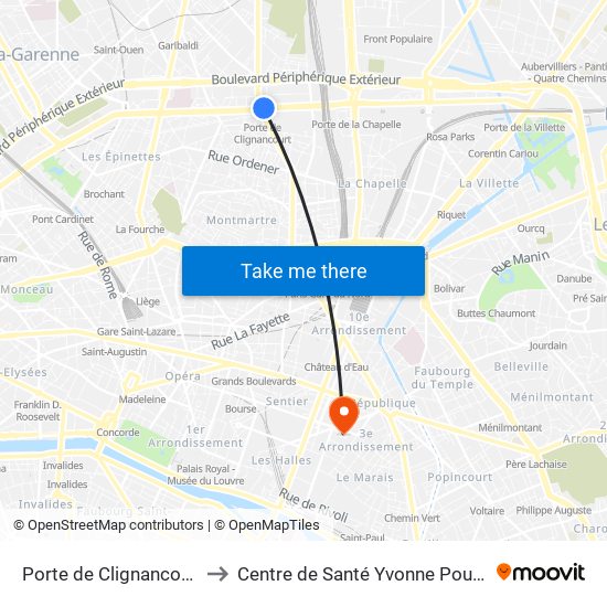 Porte de Clignancourt to Centre de Santé Yvonne Pouzin map