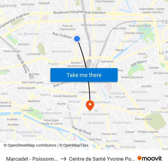 Marcadet - Poissonniers to Centre de Santé Yvonne Pouzin map