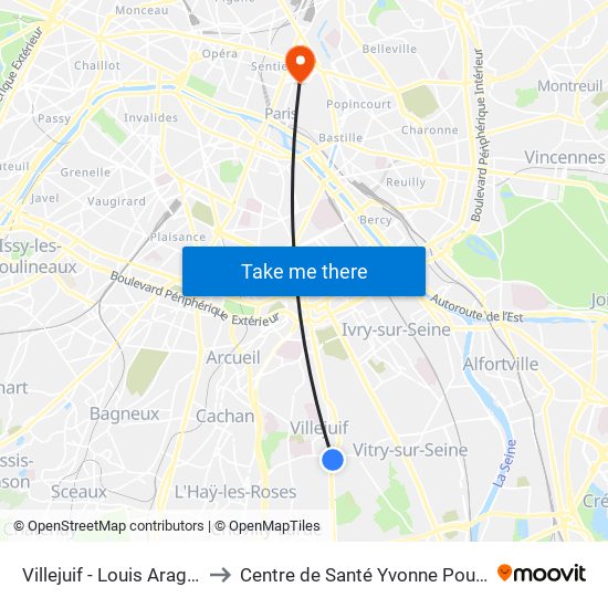 Villejuif - Louis Aragon to Centre de Santé Yvonne Pouzin map
