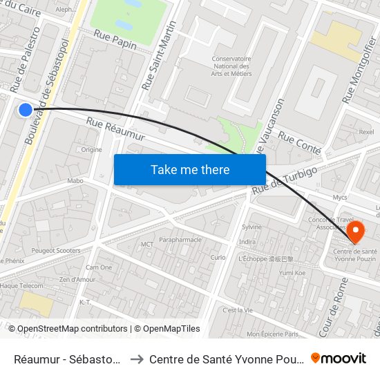Réaumur - Sébastopol to Centre de Santé Yvonne Pouzin map