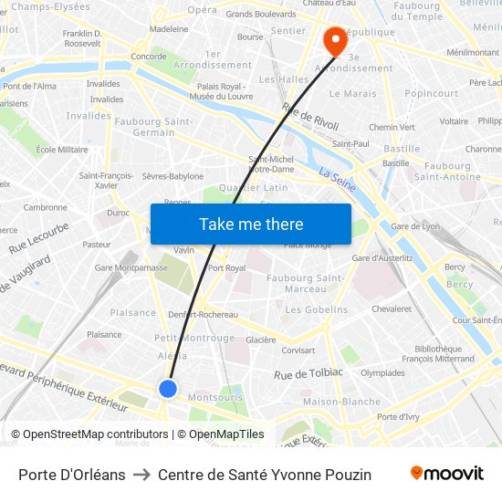 Porte D'Orléans to Centre de Santé Yvonne Pouzin map