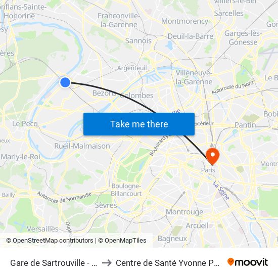 Gare de Sartrouville - RER to Centre de Santé Yvonne Pouzin map