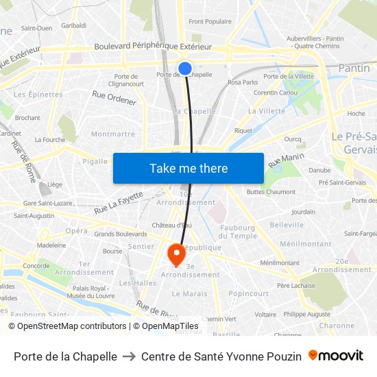 Porte de la Chapelle to Centre de Santé Yvonne Pouzin map
