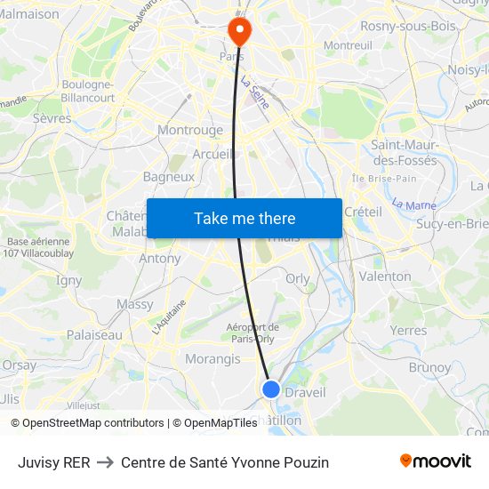 Juvisy RER to Centre de Santé Yvonne Pouzin map