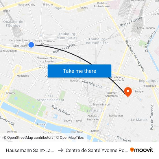 Haussmann Saint-Lazare to Centre de Santé Yvonne Pouzin map
