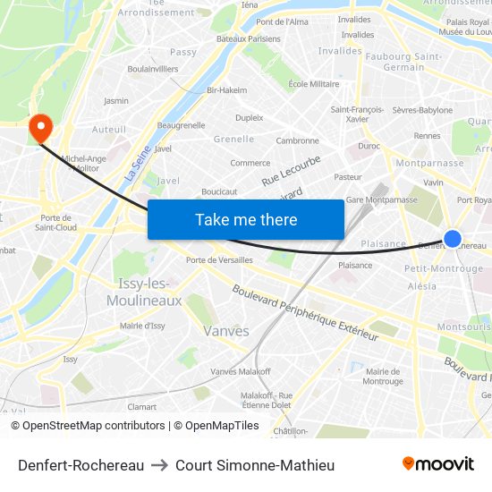 Denfert-Rochereau to Court Simonne-Mathieu map