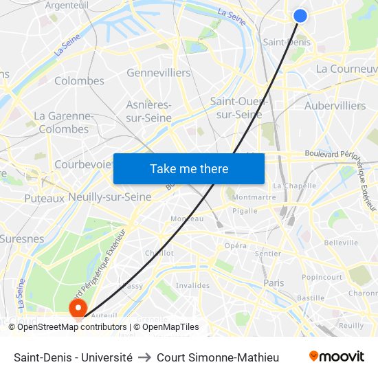 Saint-Denis - Université to Court Simonne-Mathieu map