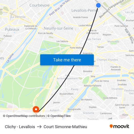 Clichy - Levallois to Court Simonne-Mathieu map