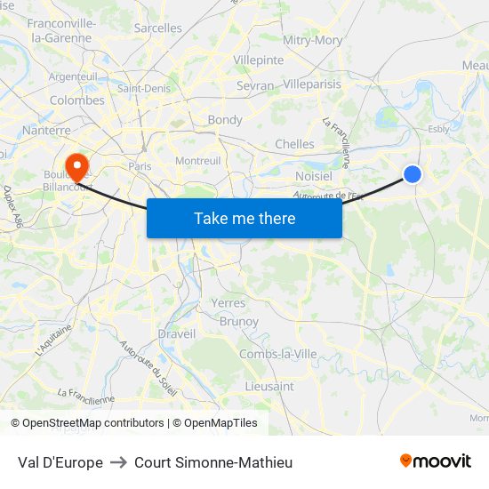 Val D'Europe to Court Simonne-Mathieu map