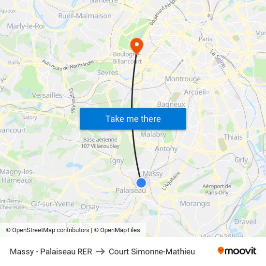 Massy - Palaiseau RER to Court Simonne-Mathieu map
