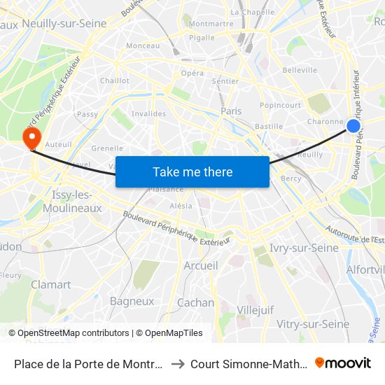 Place de la Porte de Montreuil to Court Simonne-Mathieu map