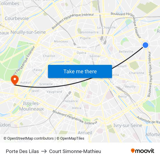Porte Des Lilas to Court Simonne-Mathieu map