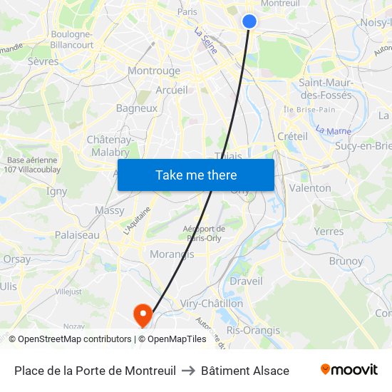 Place de la Porte de Montreuil to Bâtiment Alsace map