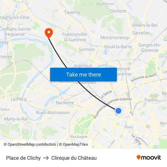 Place de Clichy to Clinique du Château map