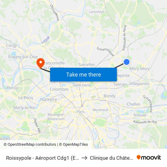 Roissypole - Aéroport Cdg1 (E2) to Clinique du Château map