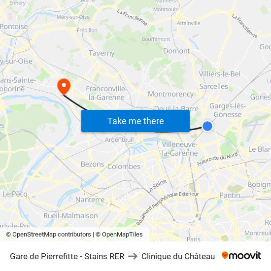 Gare de Pierrefitte - Stains RER to Clinique du Château map