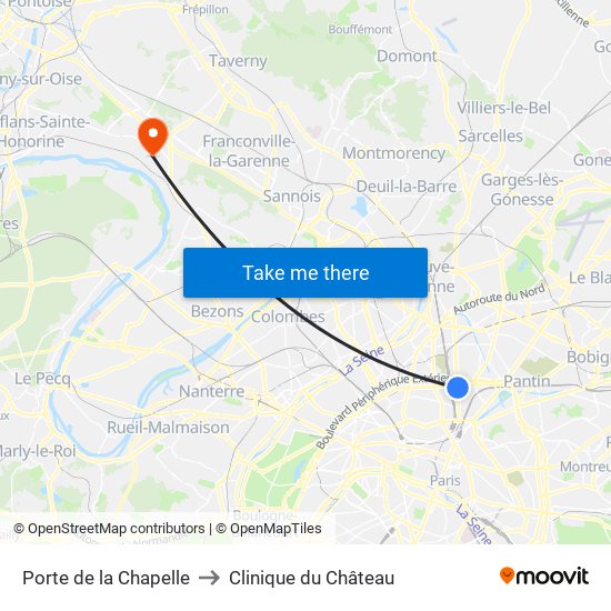 Porte de la Chapelle to Clinique du Château map