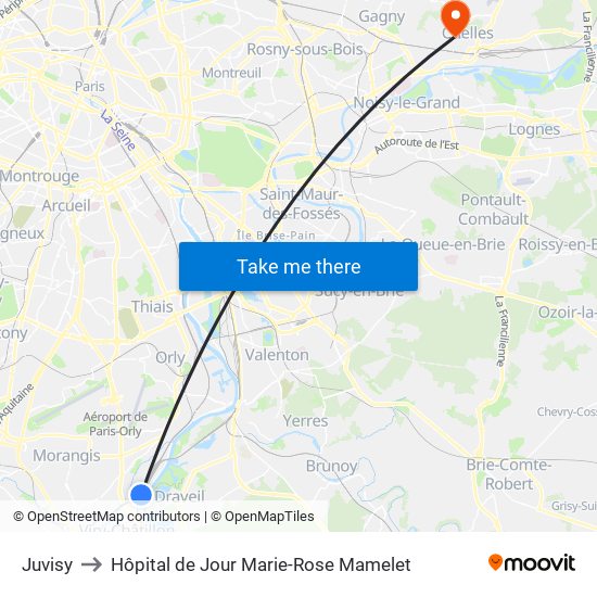 Juvisy to Hôpital de Jour Marie-Rose Mamelet map