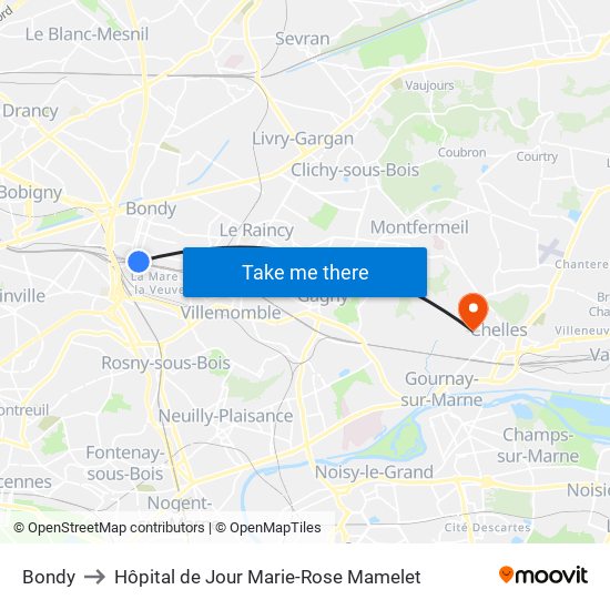 Bondy to Hôpital de Jour Marie-Rose Mamelet map