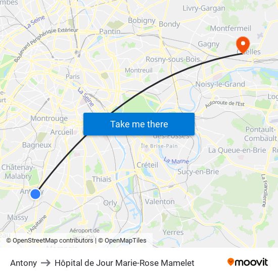 Antony to Hôpital de Jour Marie-Rose Mamelet map