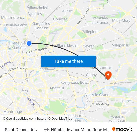 Saint-Denis - Université to Hôpital de Jour Marie-Rose Mamelet map