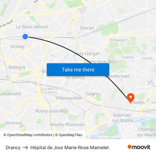 Drancy to Hôpital de Jour Marie-Rose Mamelet map